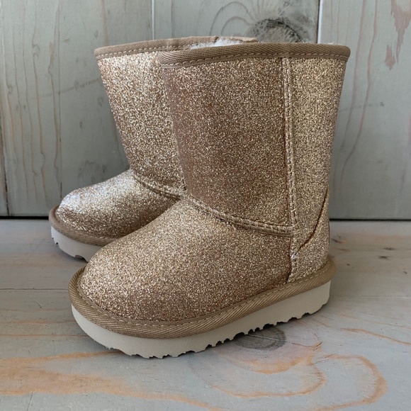 - - UGG CLASSIC SHORT TODDLER LITTLE  GLITTER GOLDEN SPARKLY BOOTS - Picture 6 of 10